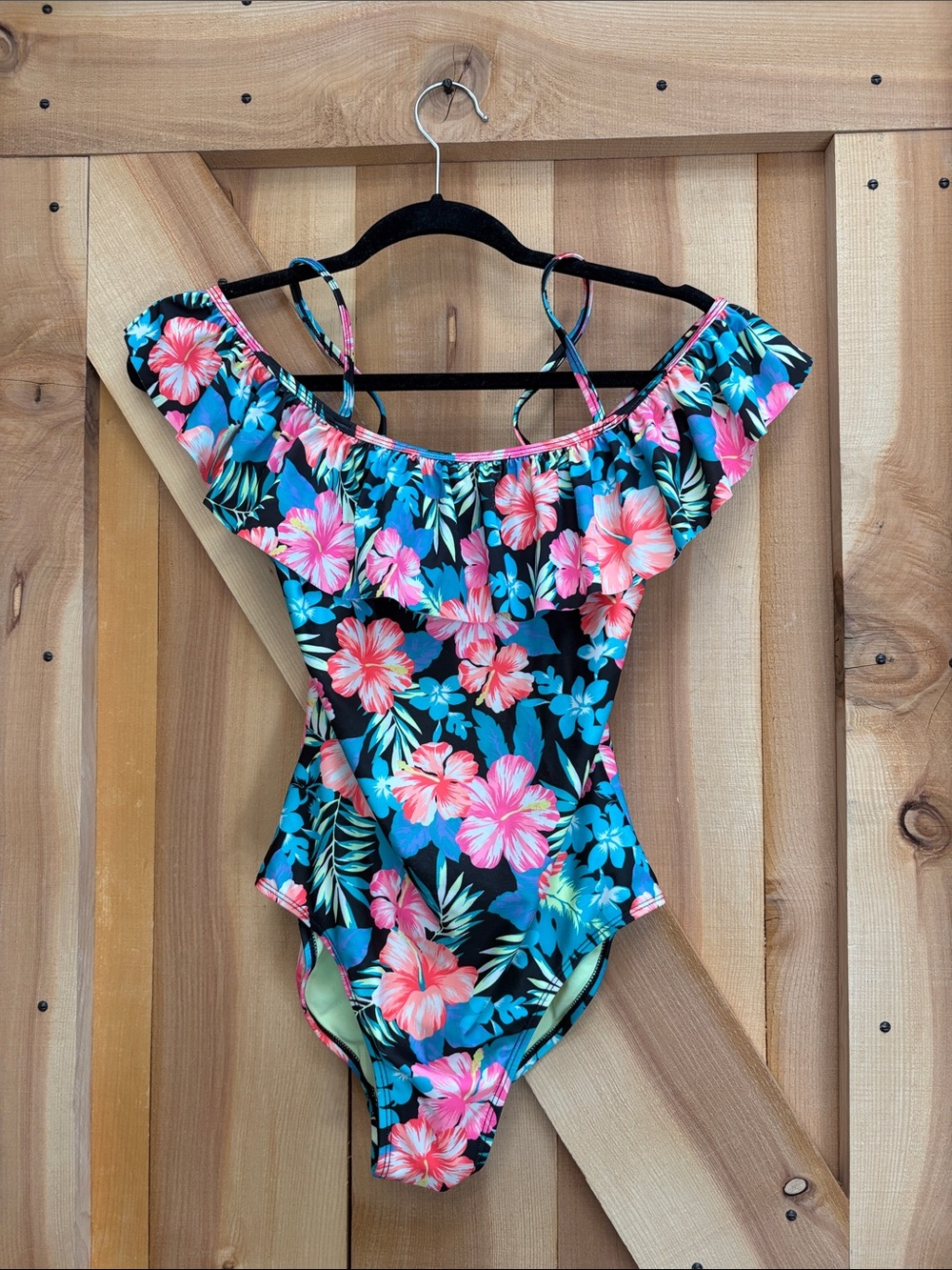 SO Girls Floral Off-Shoulder One-Piece Swimsuit - Black, Pink & Blue